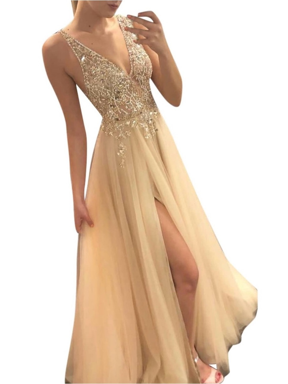 Hebeos Elegant Embellished V-Neck Evening /Formal Dress Size 14